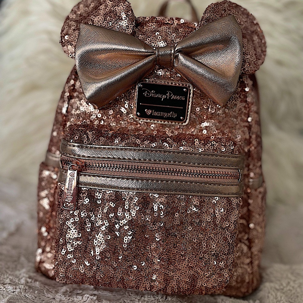 Disney Loungefly Mini Backpack Sequin Minnie Mouse w/ Crown - Rose Gold
